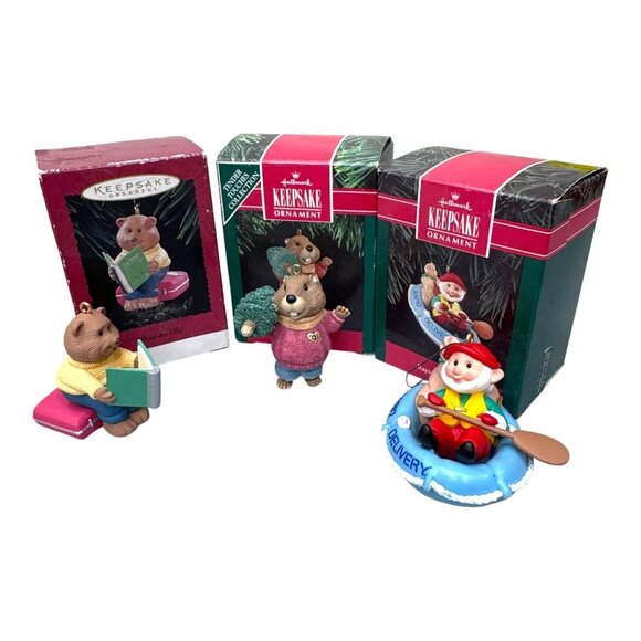 Hallmark Keepsake Ornament Set Of 1991 Elf In Boat Rapid Delivery Lot 3 Beaver - Picture 1 of 8